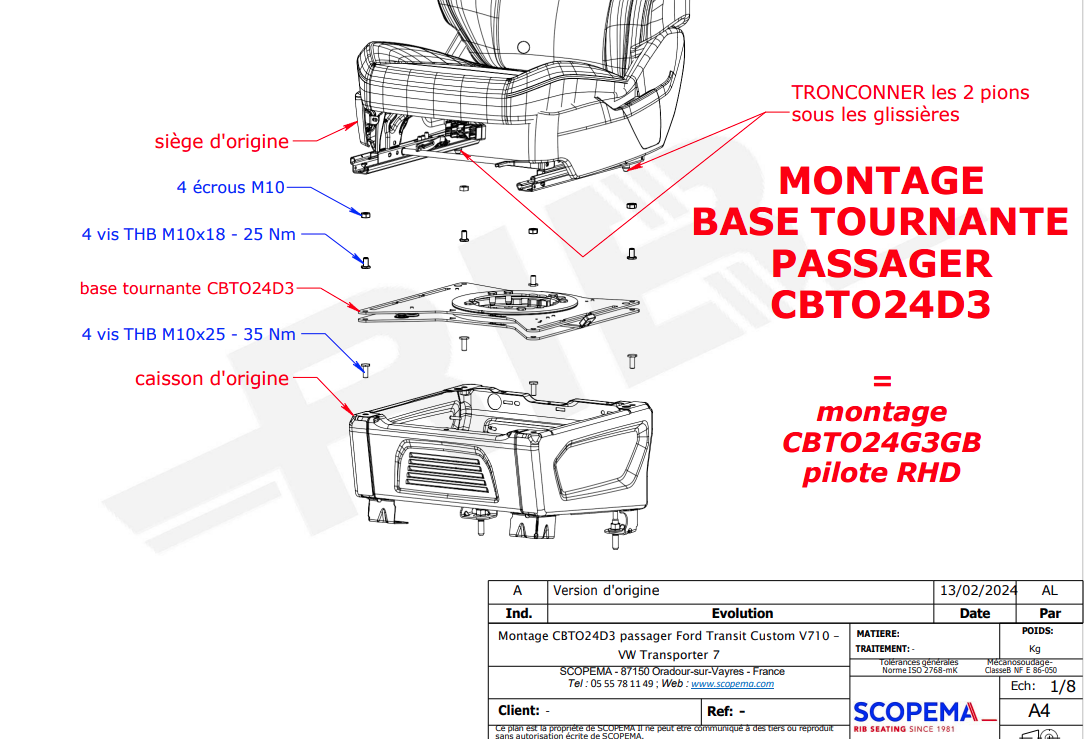 Base giratoria Ford Transit Custom V710/VW T7 Transporter,Caravelle (Copiloto)